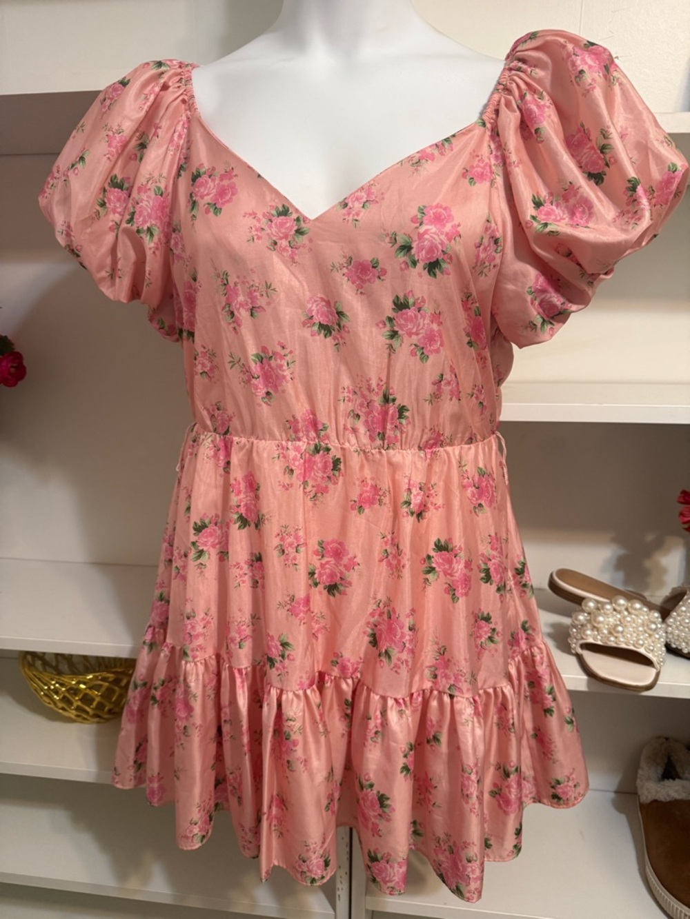 LoveShackFancy Peach Pink Floral Puff-Sleeve Dress 10 - Picture 2 of 8